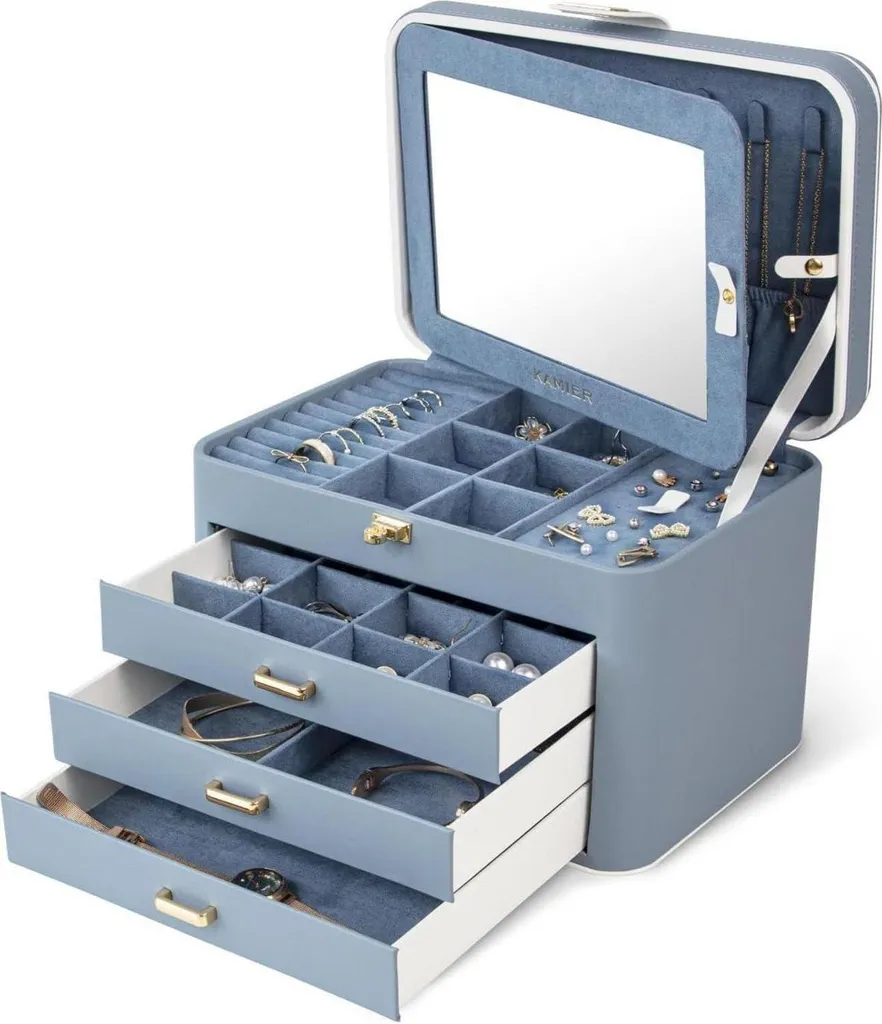 Boîte à bijoux femme KAMIER grande taille à 4 niveaux coloris Gris Bleu