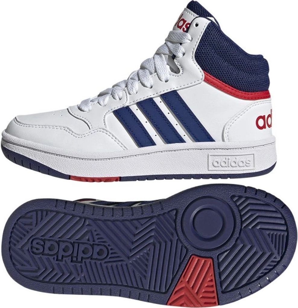 A pair of Adidas Hoops Mid 3.0 K sneakers, shown from the side and the sole.