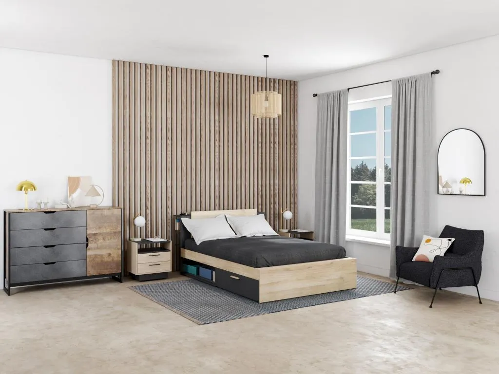 Lit double avec rangement intégré 140x200 cm bois et noir ERALIA loft