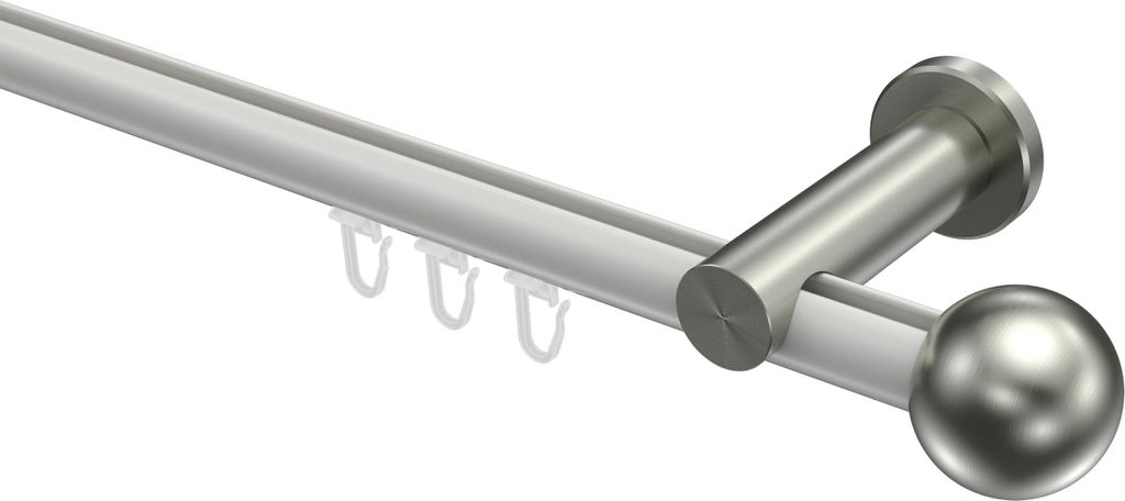 Interdeco Innenlaufstange / Gardinenstange mit Innenlauf Weiß / Edelstahl-Optik, Typ Platon Luino (Kugel), 20 mm Ø 1-läufig, 280 cm