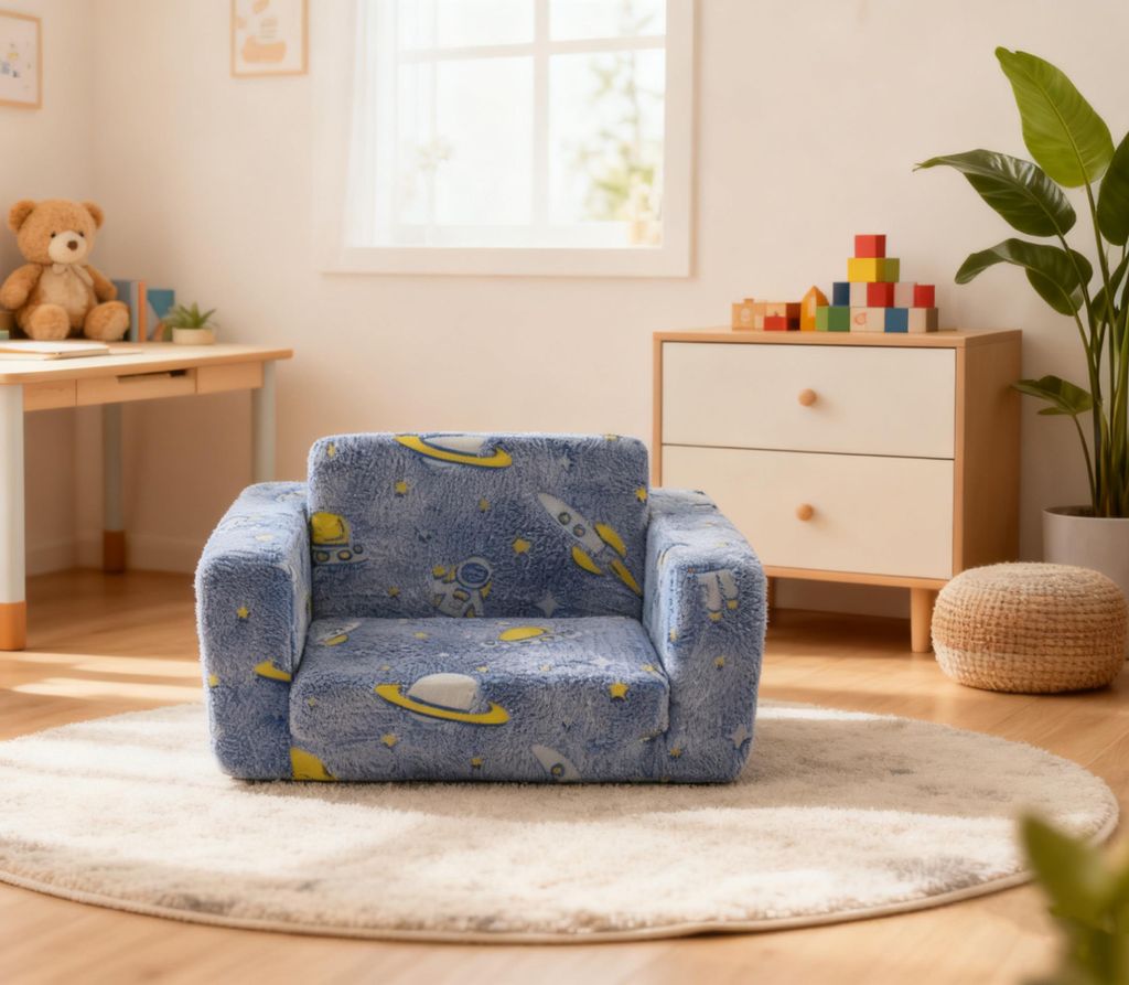 okwish Kleinkindcouch 2-in-1-Kleinkindstühle mit Leuchtfunktion,Kleinkindsofa ausklappbares Schlafsofa mit Astronauten- und Raketenmustern,Blau+Gr...