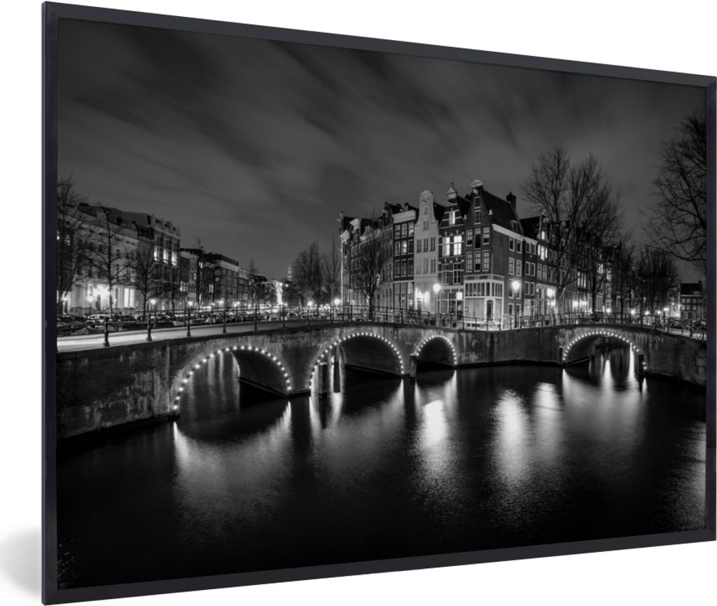 MuchoWow MuchoWow Gerahmtes Poster Keizersgracht Amsterdam bei Nacht - schwarz und weiß 30x20 cm - Poster mit zchwarzem Bilderrahmen - Kunstdr...