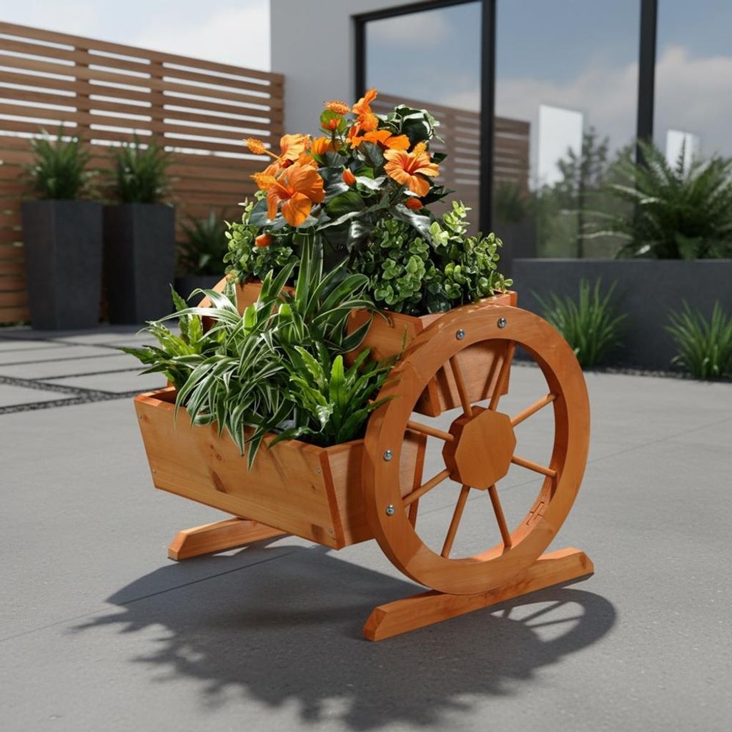 Fioriera in legno con ruote di carro Decorazione da Immagine del prodotto 