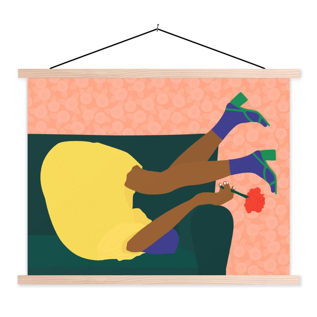 MuchoWow Textilposter Frau - Blumen - Retro 60x45 cm mit holzfarbenen Rahmen - Bild