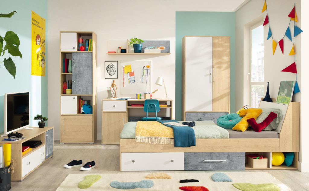 Schlafzimmer-Set – 6-teilig – STEP System – Kleiderschrank, Regalschrank, Schreibtisch, TV-Lowboard, Hängeregal & Bett – Weiß / Sonoma Eiche