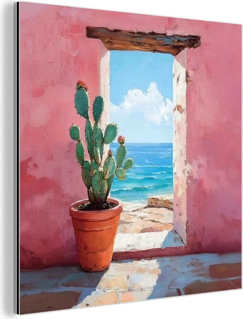 MuchoWow Wanddekoration Metall Metallbild Wandkunst 50x50 cm Meer - Rosa - Kaktus MuchoWow Aluminium Gemälde - Alubild - Industrial