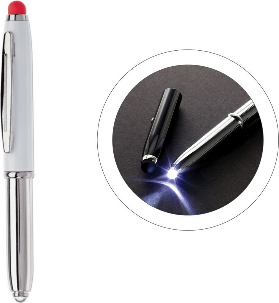 Touchpen Kugelschreiber / mit LED Licht / Farbe: silber/weiß mit roten Stylus