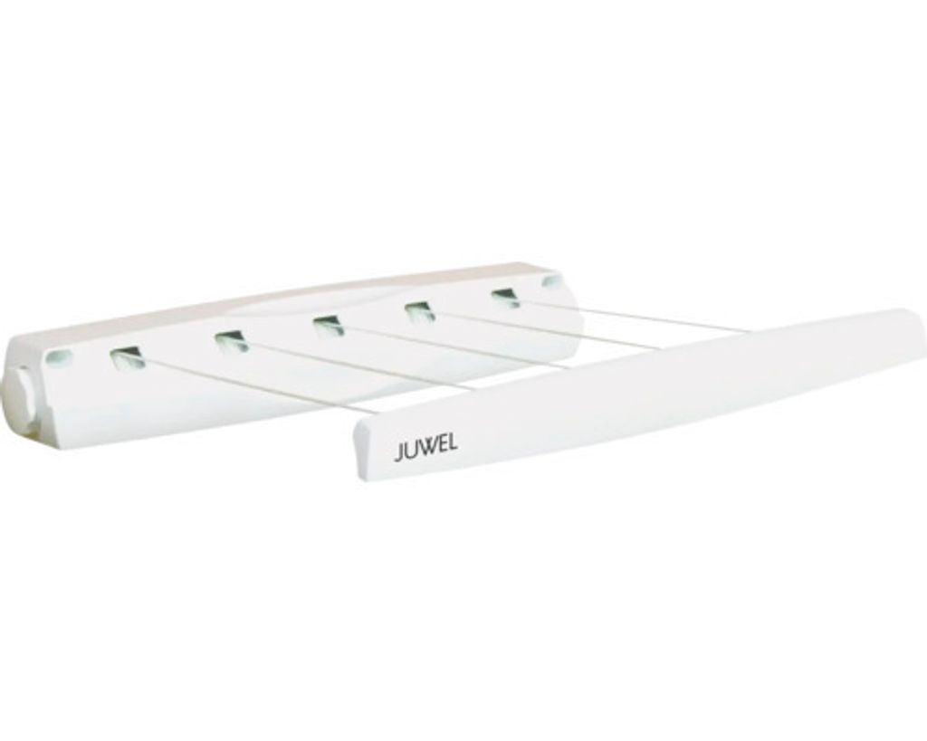 A white retractable clothesline mounted on a wall, with the lines extended.
