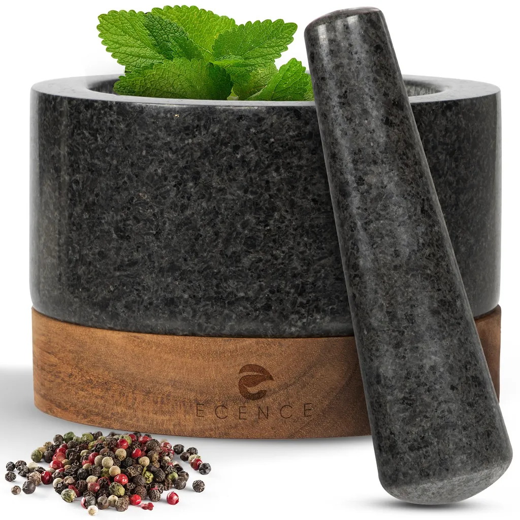 Mortaio ECENCE con pestello in granito naturale di alta qualità ed elegante base in legno di acacia Ø15,5 cm - Ma