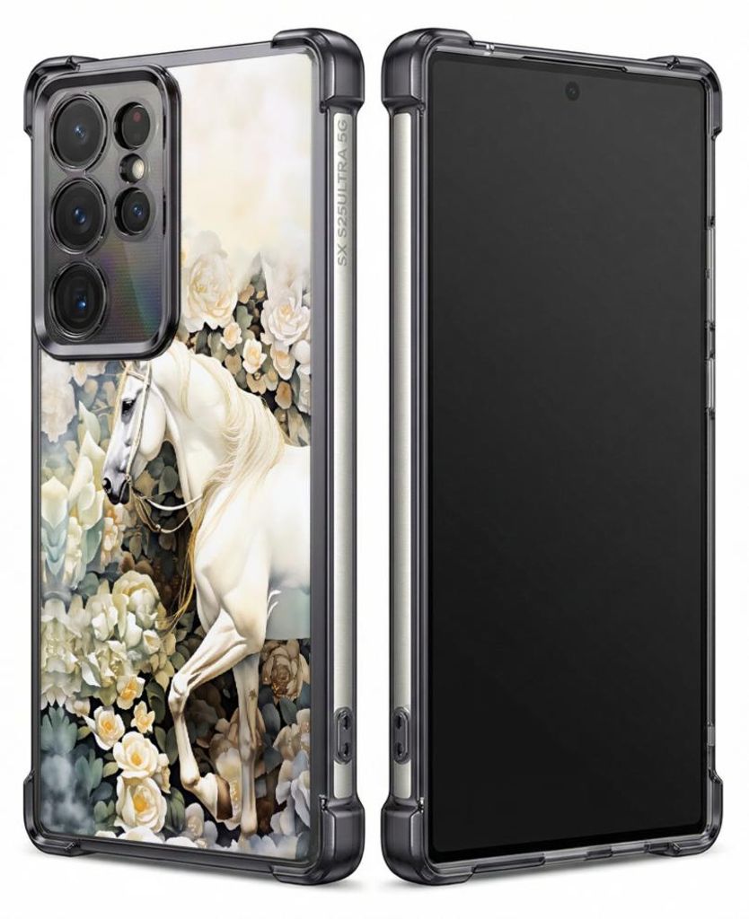 Personalisierte Hülle mit Bild für Samsung Galaxy S24+ Elektroplattiert TPU Stoßdämpfer Handyhülle mit Hintergrunddesign mit weißem Pferd und...