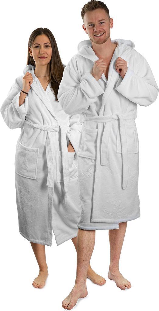 Lavea Bademantel Damen & Herren, Uni Morgenmantel mit Kapuze, Soft-Velour & Frottier, Bambus-Baumwoll-Mix, 2 Taschen, Bindegürtel, M, Weiß