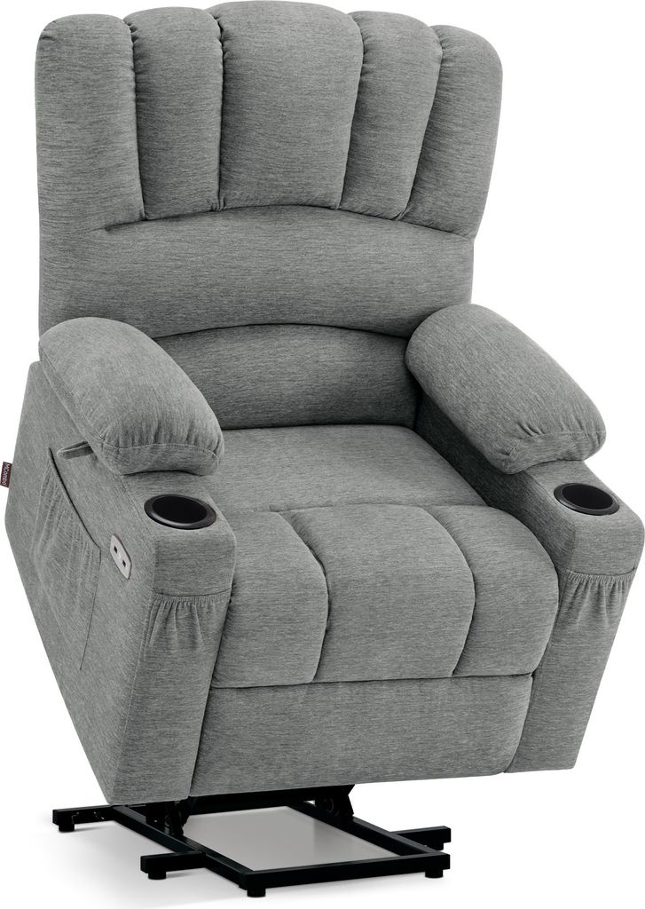 A gray recliner chair with a lift assist mechanism.