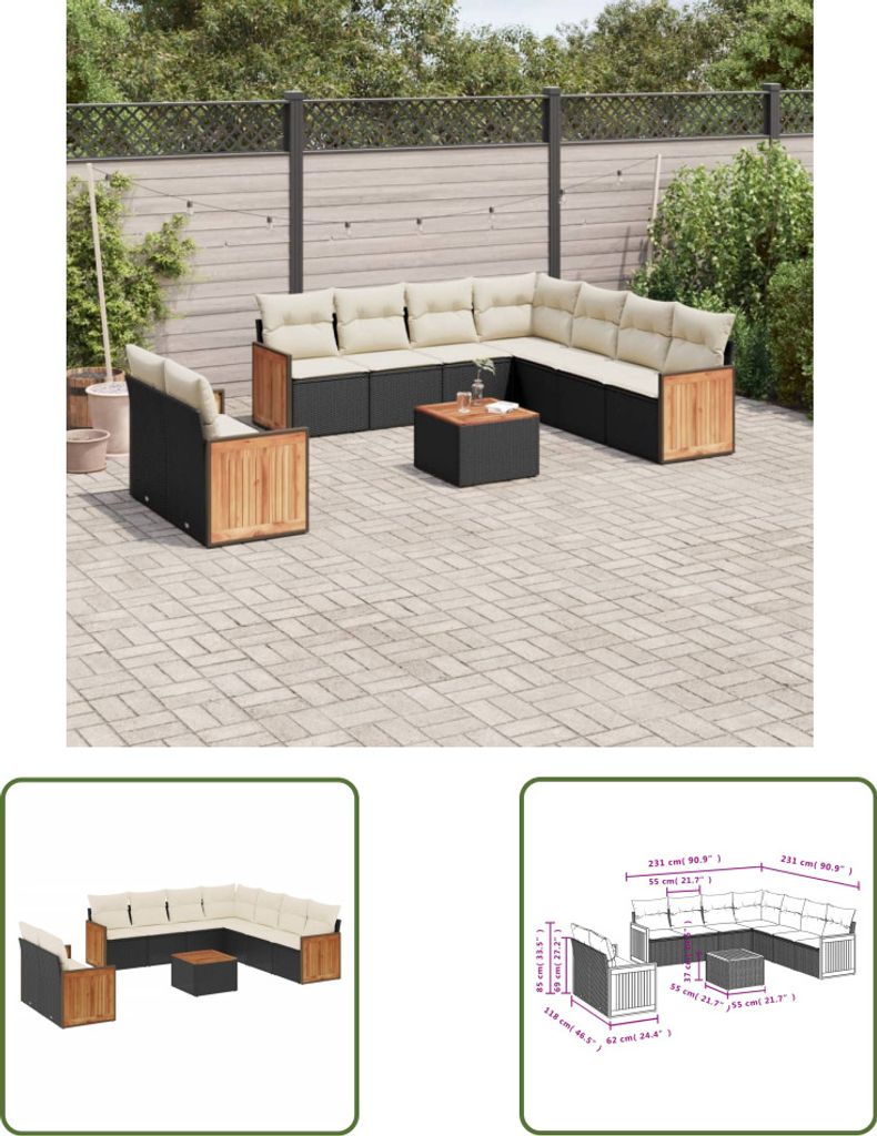 The Living Store 10-tlg. Garten-Sofagarnitur mit Kissen Schwarz Poly Rattan
