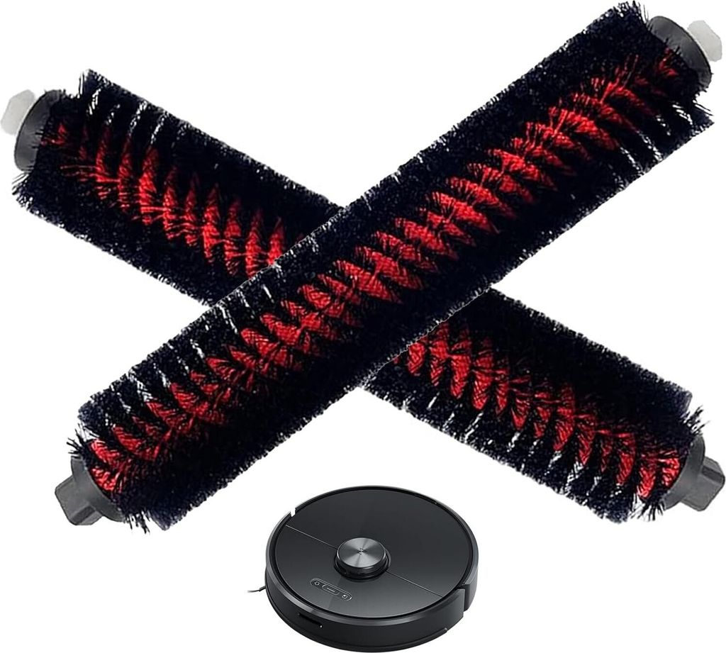 Two black and red roller brushes are crossed over each other, with a small black robot vacuum cleaner below.