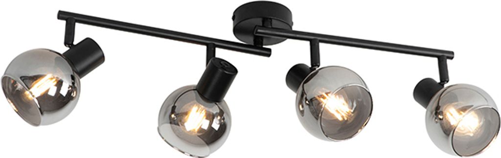 A black track light fixture with four smoked glass shades and exposed bulbs, shown against a white background.