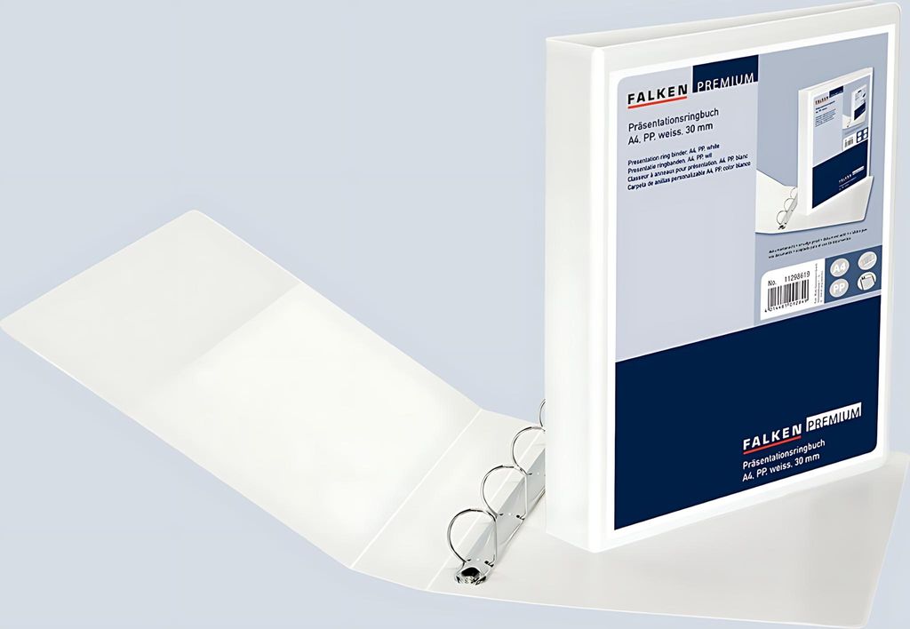 Falken Präsentationsringbuch A4 weiß 4-Ring D-Mechanik 30 mm 3 Taschen