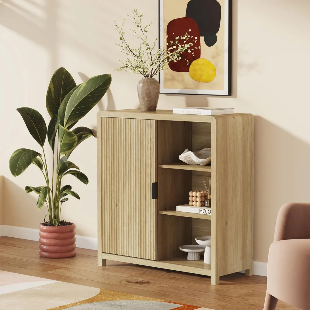 Commode bois chêne clair Lukkodso 1 porte format compact 82 x 75 x 30 cm