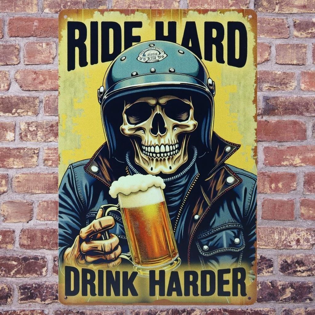 Ride hard drink harder Blechschild - Wandschild - Beer Wandschild - 20 x 30 cm - Metall Wandschilder - Wanddekoration - Metallschild.