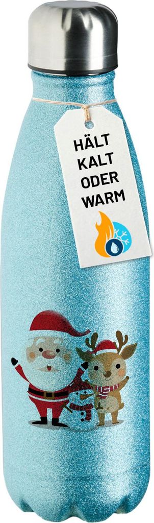 Huuraa Trinkflasche Weihnachtsmann Rudolph und Schneemann 500ml Blue Edelstahl Wasserflasche Trinkflasche Geschenkidee