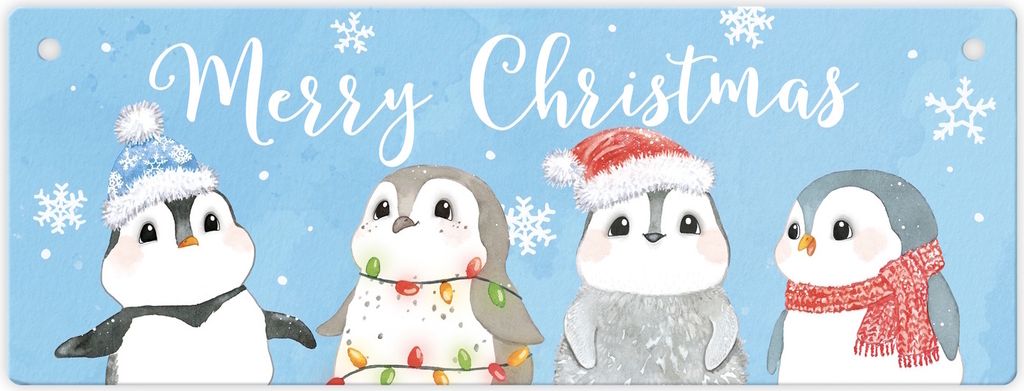 Baby Pinguin Metallschild L in 10,5x28cm mit Spruch Merry Christmas