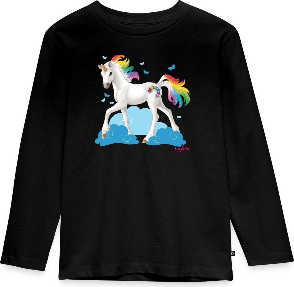 Spreadshirt Schleich Bayala Regenbogeneinhorn Kinder Premium Langarmshirt, 122/128 (6 Jahre), Schwarz