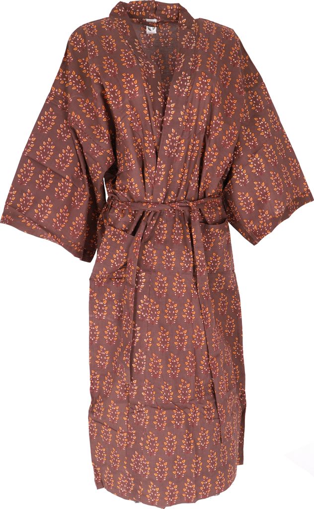 Kimono im Japan Style, Handbedruckter Uni Oversize Baumwoll Kimono Mantel, Kimonokleid - Braun, Damen, Baumwolle, Kimono