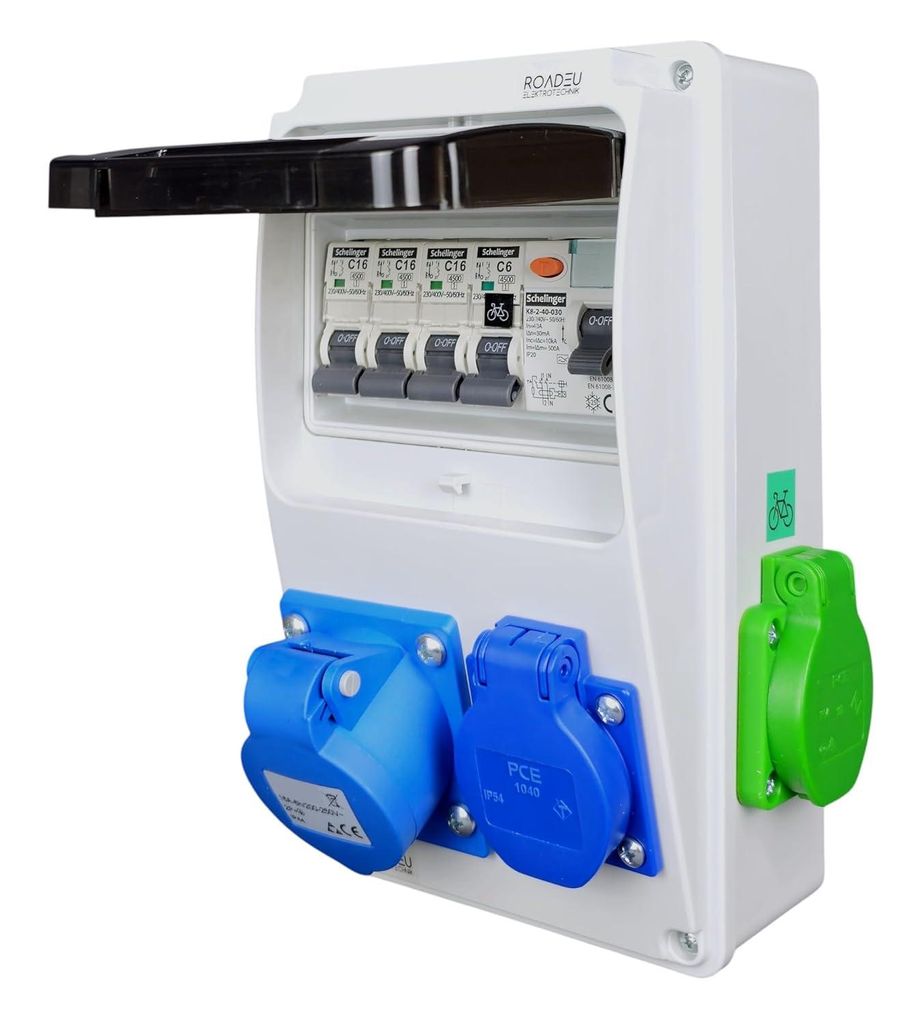 RoadEU - Power-Hybrid Stromverteiler 230V, E-Bike (grün), 2x Schuko & CEE 16A 3P, FI-Schutz Typ A 30mA & LS C6A/C16A, IP44 Wandmontage