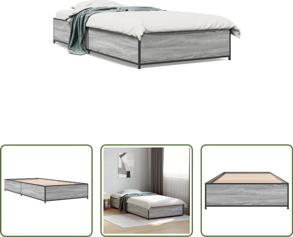 The Living Store Bettgestell Grau Sonoma 100x200 cm Holzwerkstoff und Metall