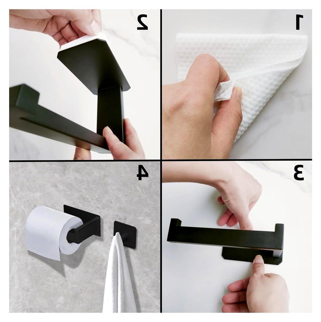 Toilettenpapierhalter ohne Bohren, selbstklebend aus Edelstahl mit 4 Handtuchhaken, für Bad und Küche (Schwarz)