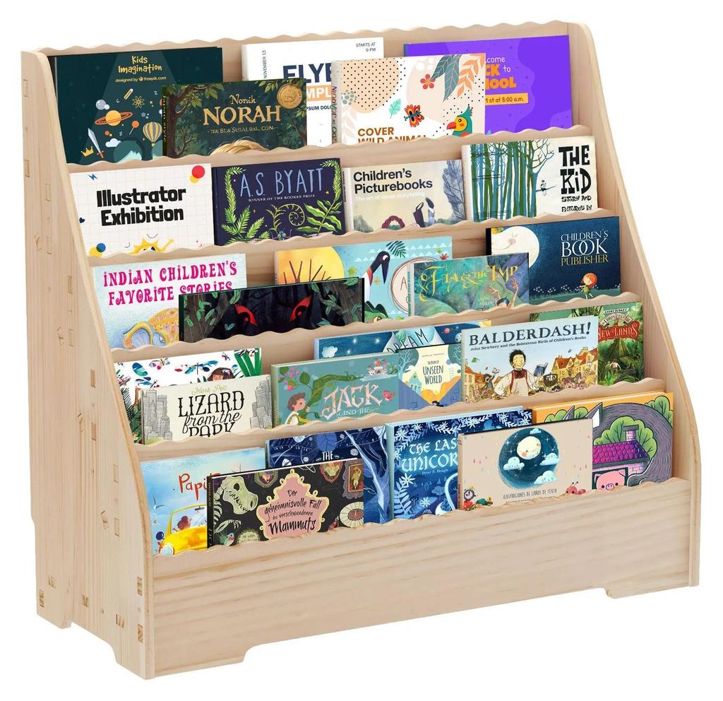 Kinder Bücherregal aus Holz - 5 Ebenen für Bücher und Spielzeug - Aufbewahrungs- und Displayregal - Freistehend - 79x70 cm - Natur Holzoptik