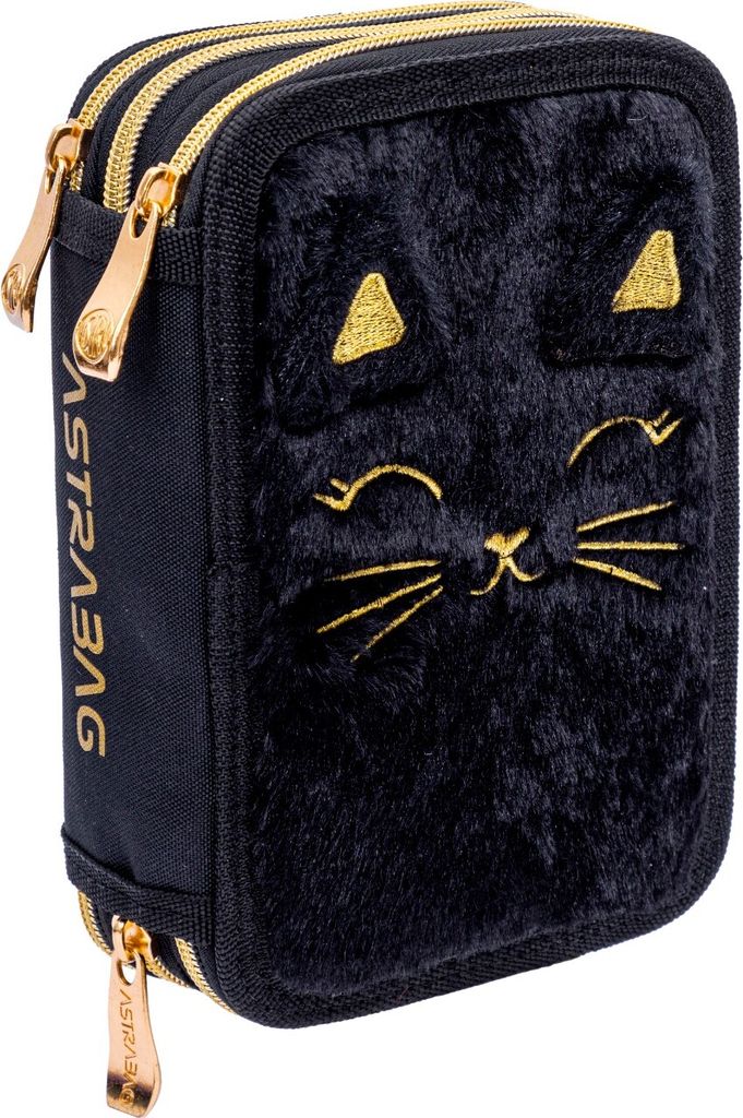 A black pencil case with a fluffy cat face design and gold zippers.
