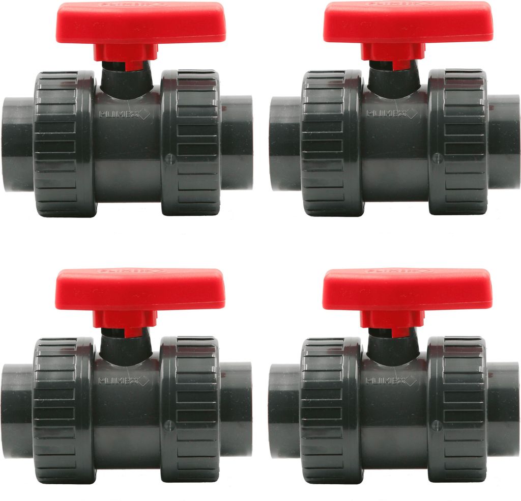 HAF 4x PVC 2 Wege Kugelhahn Roter Griff mit 63mm | Klebemuffe x Klebemuffe | Absperrhahn aus grauem PVC-U | PN16 für PVC Verrohrung, Pool & Teich