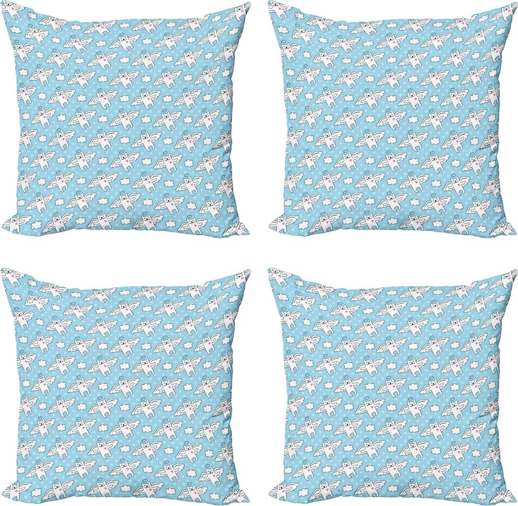 ABAKUHAUS Engel Kissenbezug Set (4 Stück), Cat Engel Herz-Kitty, Moderner Doppelseitiger Digitaldruck, 40 cm x 40 cm, Sky Blue Weiß