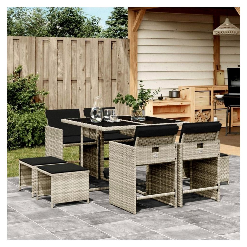 Rattan Sitzgruppe für 8 Personen, Gartenmöbel Polyrattan, Gartentisch mit 8 Stühlen und Kissen, Gartengarnitur für die Terrasse in Hellgrau