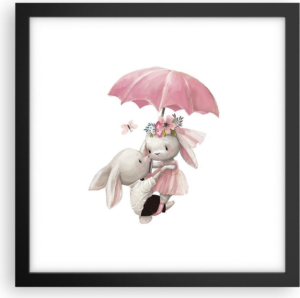 Gerahmtes Poster - Schwarzer Rahmen - Hasen Regenschirm Kinder - 30x30 cm - Wand Bild - Wanddeko - Wandbilder - Kunstposter - Wandposter - Bilderra...