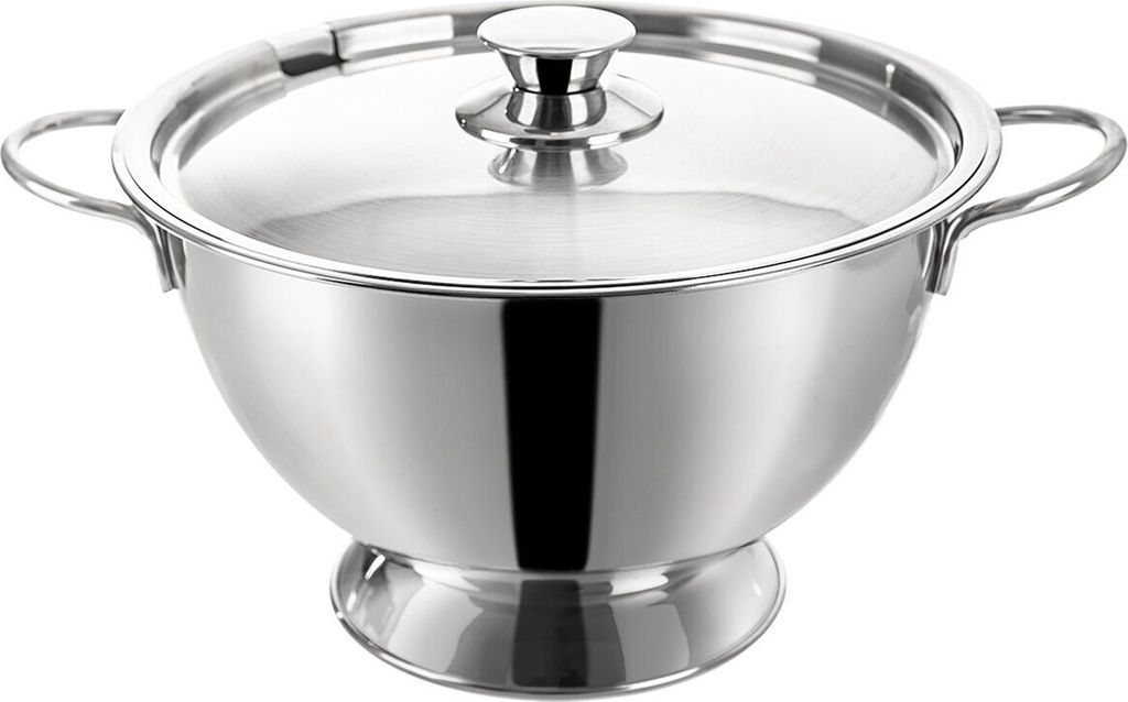 A stainless steel soup tureen with a glass lid and handles, presented on a white background.