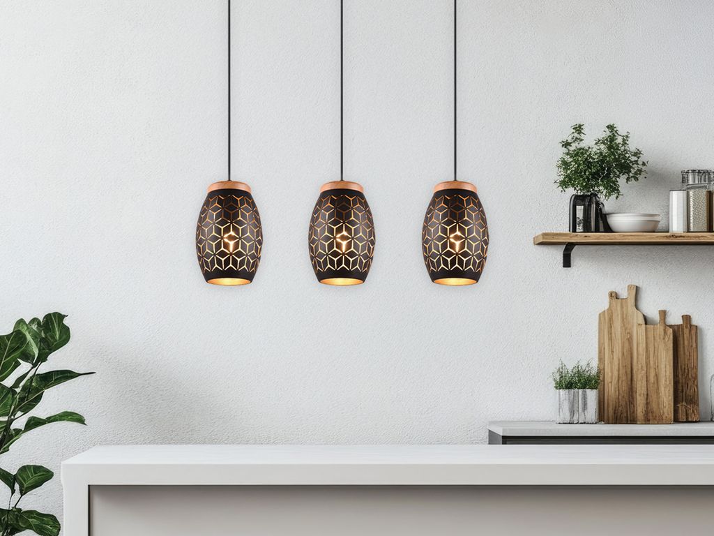 Ausgefallene LED Pendelleuchte 3-flammig über Esstischlampe Schwarz Gold B: 71cm