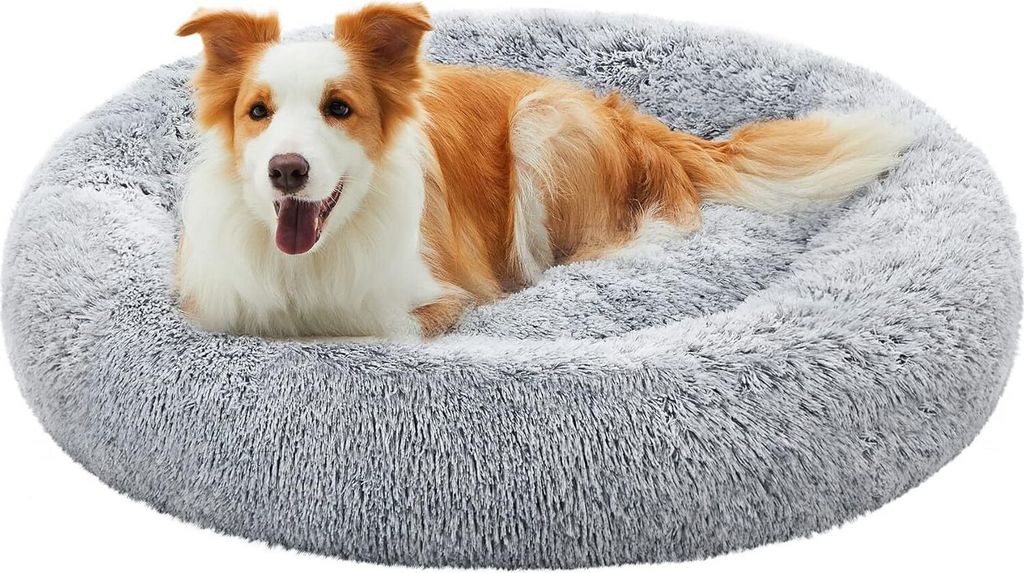 Feandrea flauschiges Hundebett, Katzenkorb, Donut-Kissen, waschbar, herausnehmbare Kernfüllung, Langplüsch, 100 cm Durchmesser, ombre grau