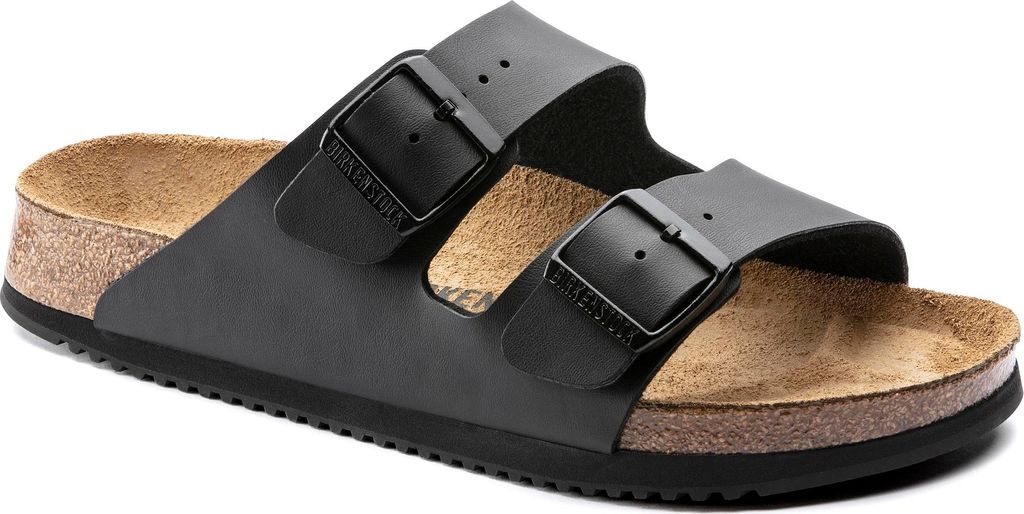 A studio shot of a pair of black Birkenstock Arizona sandals.