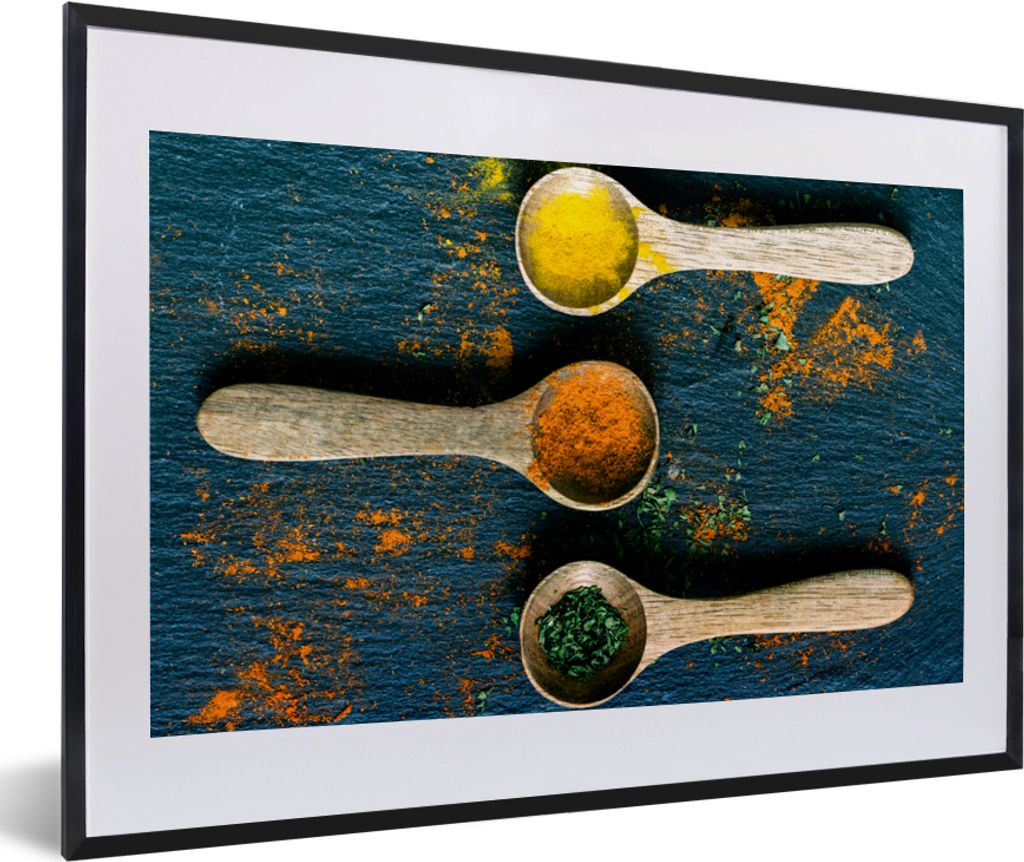 MuchoWow Gerahmtes Poster Gewürze - Löffel - Kräuter - Braun - Gelb - Grün 60x40 cm - Poster mit Schwarzem Bilderrahmen Wandposter Rahmen Fot...