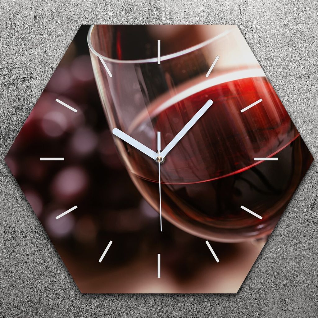 Uhr hexagonal 40 cm Glas Geräuschlos weiße Zeiger - Wein und Traubenglas
