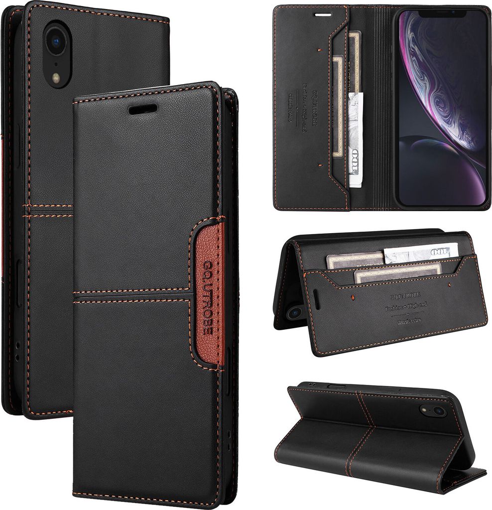 Handyhülle für iPhone XR Hülle, Leder Flip Wallet Kartenfach Stand Schutzhülle Schwarz