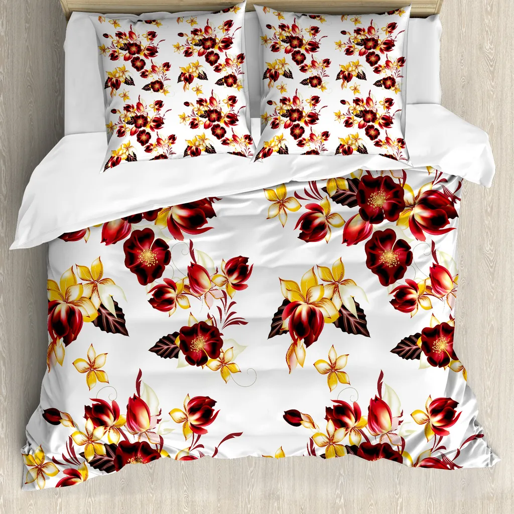 Copripiumino ABAKUHAUS Floral Mix 200x200 cm Giallo e Bordeaux