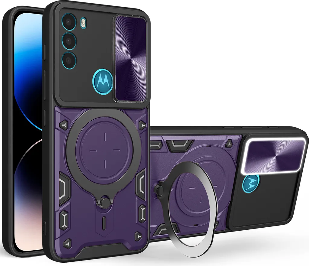 Custodia per Motorola Moto G71 5G Custodia resistente a doppio strato con copertura della fotocamera e supporto circolare ad anello Viola