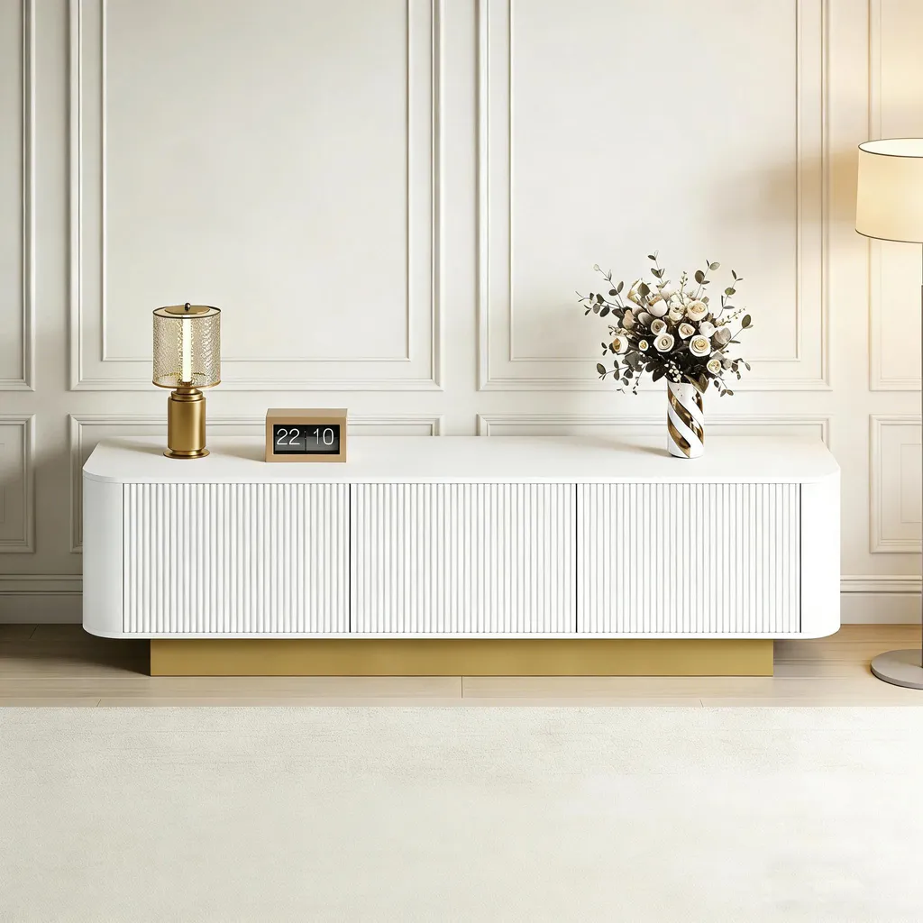 Meuble TV design arrondi blanc 160cm avec façade texturée et passe-câbles
