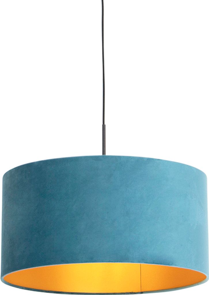 QAZQA - Landhaus I Vintage I Rustikal Hängelampe I Pendellampe I Pendelleuchte mit Veloursschirm blau mit Gold I Messing 50 cm - Combi I Wohnzimme...