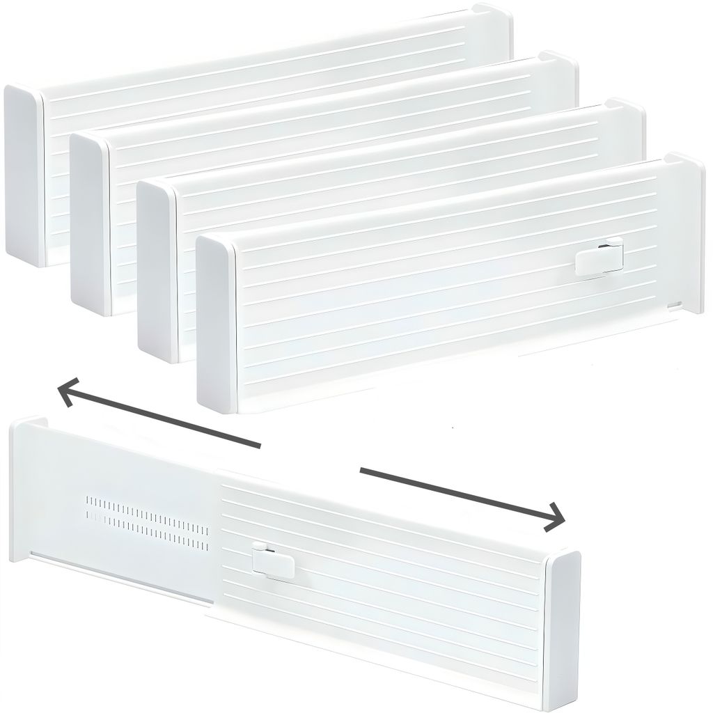 Four white drawer organizers are shown, with two of them separated to demonstrate their adjustable length.