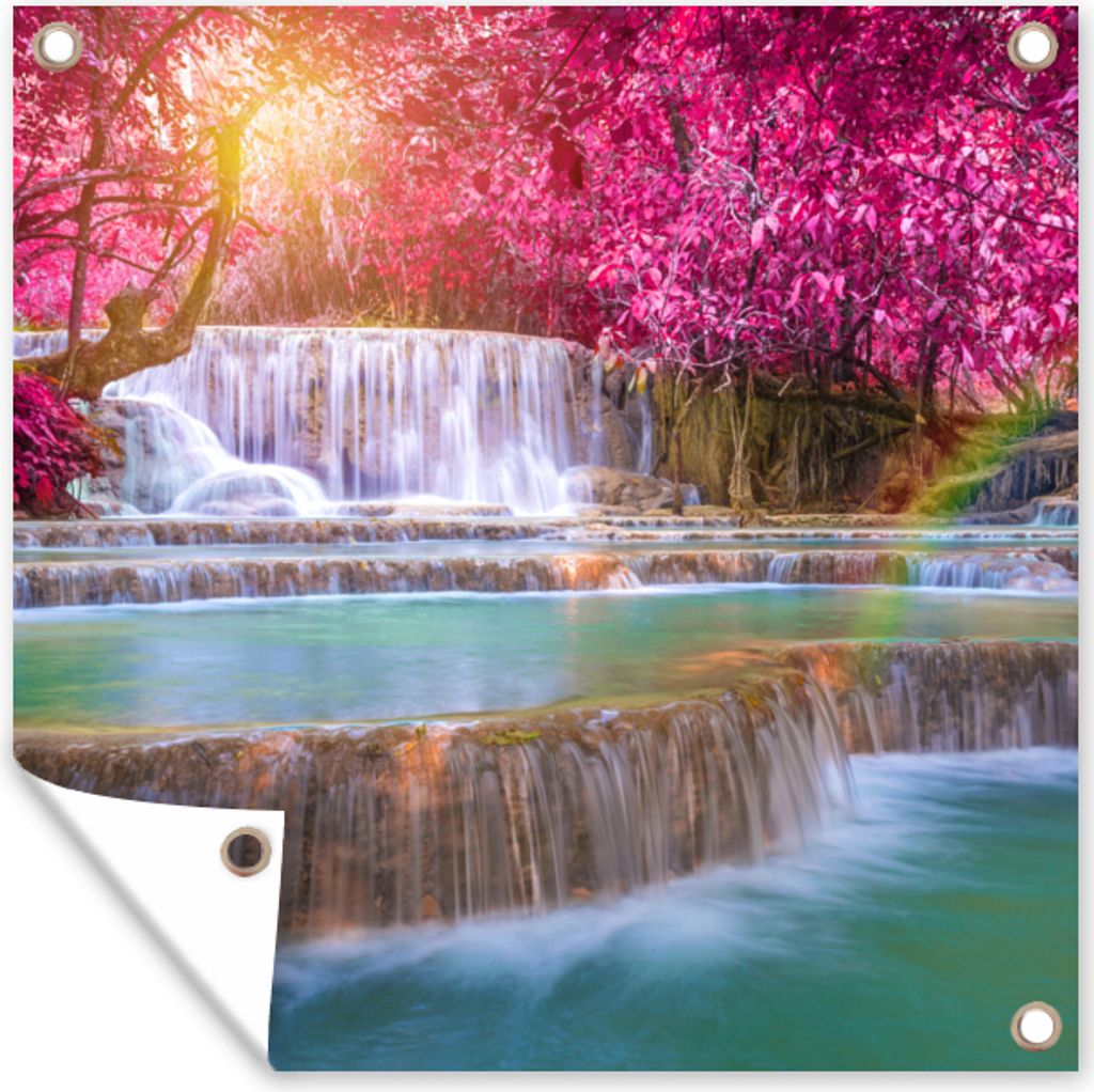 MuchoWow 100x100 cm Outdoor-Poster Gartendeko Sichtschutz Garten Poster für den Garten Wasserfall - Regenbogen - Bäume - Rosa - Natur
