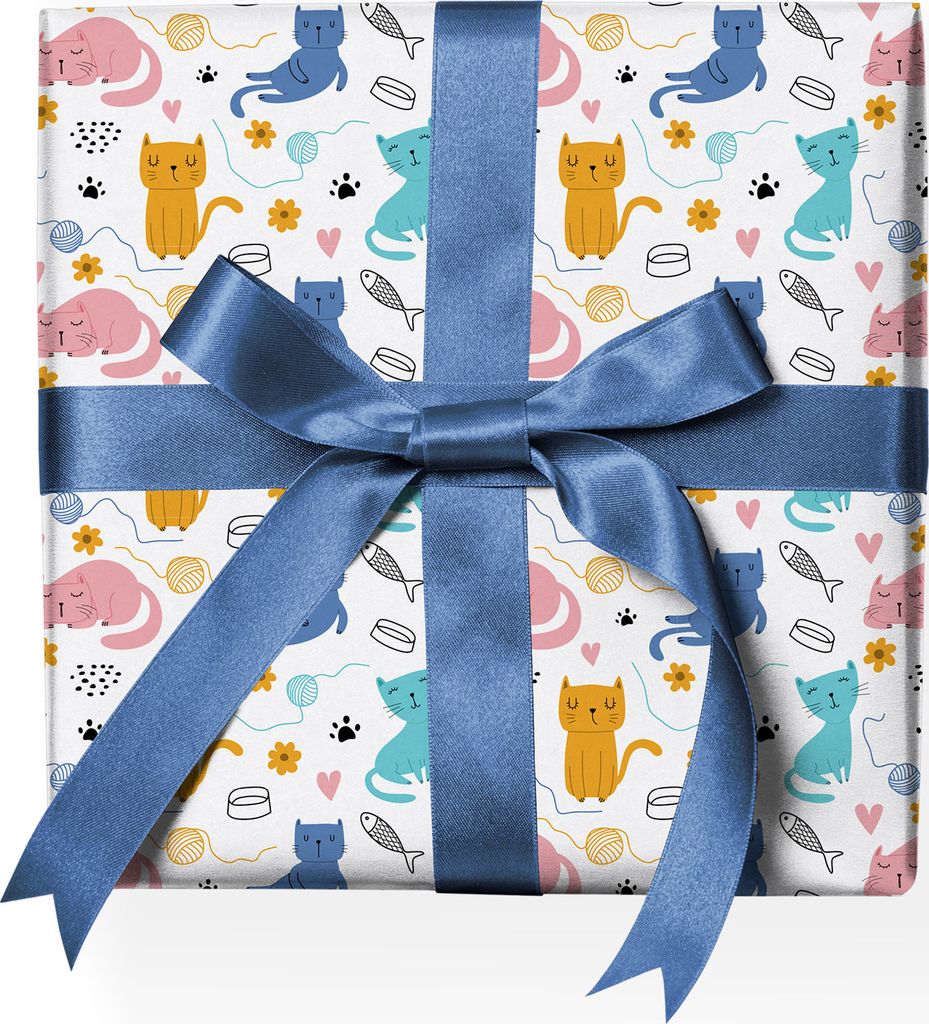 Fröhliches Katzen Geschenkpapier mit Kätzchen, Fischen & Woll-Knäuel, beige, grau - G23020, 32 x 48cm