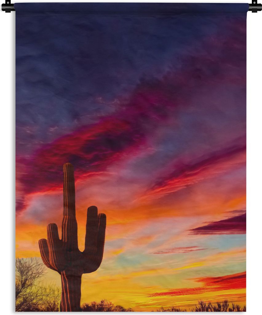 MuchoWow Wandteppich Wandbehang Kaktus - Himmel - Sonnenuntergang - Lila - Rosa 60x80 cm Tapisserie Dekoration Wandtuch - Decke - Wandtücher - W...